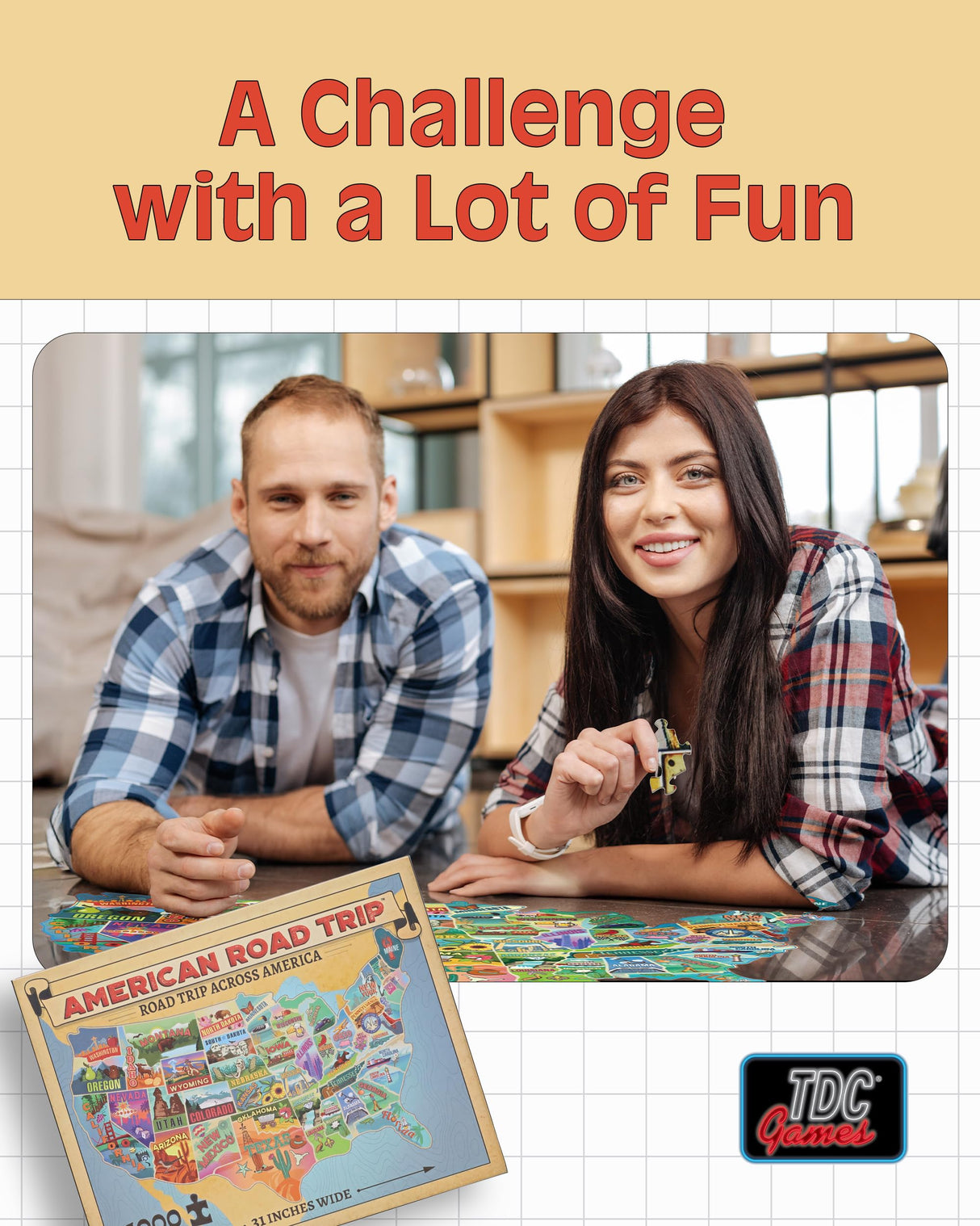 TDC Games US Map Puzzle Great American Roadtrip with Individual States, 1000 Piece Jigsaw Puzzle for Kids and Adults, Large America Shaped Educational Puzzle, Challenging Puzzle Map of USA TDC Games
