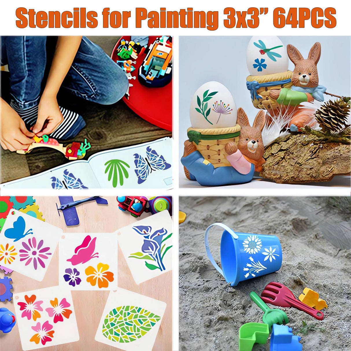 Stencils for Painting, 64pcs 3 Inch Stencils for Crafts Reusable Rock Painting Stencils Plastic Reusable Stencils for Painting on Wood Wall Tile Home Decor Felixcraft