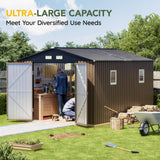 Breezz Outdoor Storage Shed 10 x 12ft. Utility Tool Shed Metal Storage Garden Shed with Lockable Doors, Windows & Metal Frame Floor for Patio Storage,Brown BreezZ