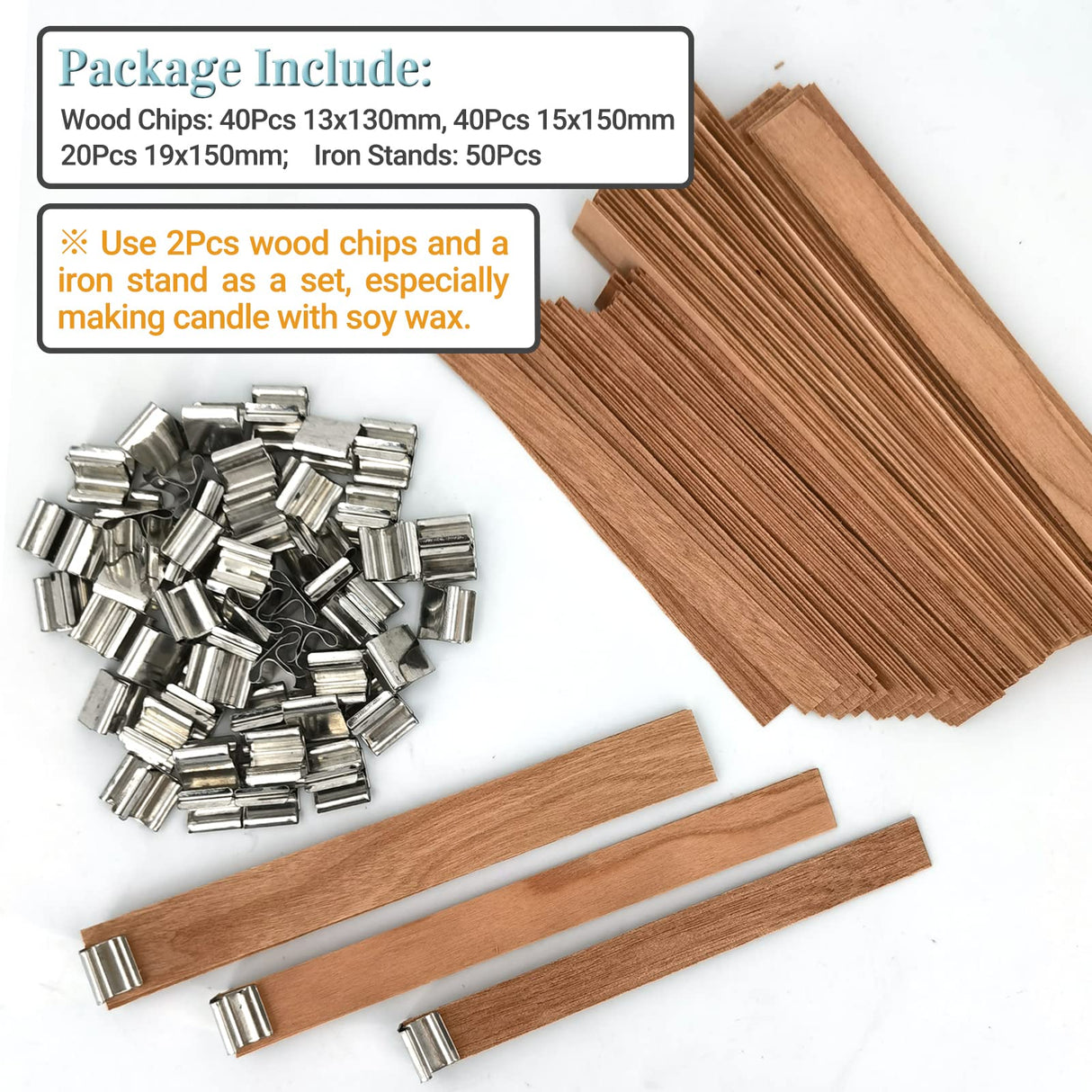 50 Set Wood Candle Wicks 3 Widths, DIY Candle Making Supplies Wooden Wicks with Iron Stands for Handmade Candles Including 20Set 5.1x0.51in, 20Set 5.9x0.59in, 10Set 5.9x0.75in Natural Wood Wick SWIGRANCE