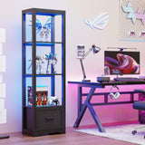 BROTTAR Display Shelf with 3 Color Light, Bookshelf with Drawer, Dimmable LED Floor Lamp with Shelves, Display Case, Display Standing Shelf Unit for Bedroom, Living Room, Black BROTTAR