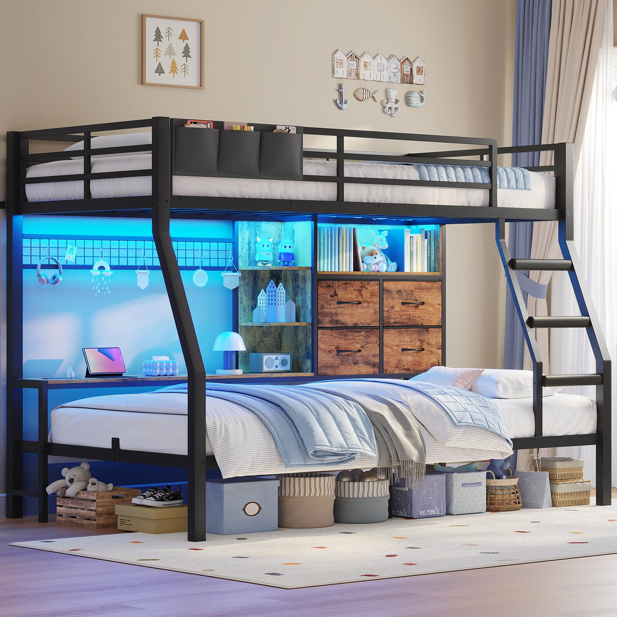 BTHFST Bunk Bed Twin Over Twin with 4 Storage Drawers & Shelves & Bedside Caddy, Twin Bunk Beds with Led Lights & Charging Station, Metal Bunk Bed with Angled Ladder & Safety Guardrail, Rustic Brown BTHFST