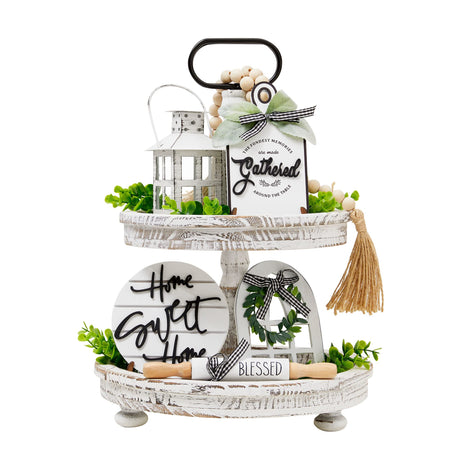 Houmury Set of 17 Farmhouse Tiered Tray with 1 Lantern Artificial Plant& Cutting Board Sign for Rustic Home Sweet Home Kitchen Decor Tier Tray Decor Set Houmury
