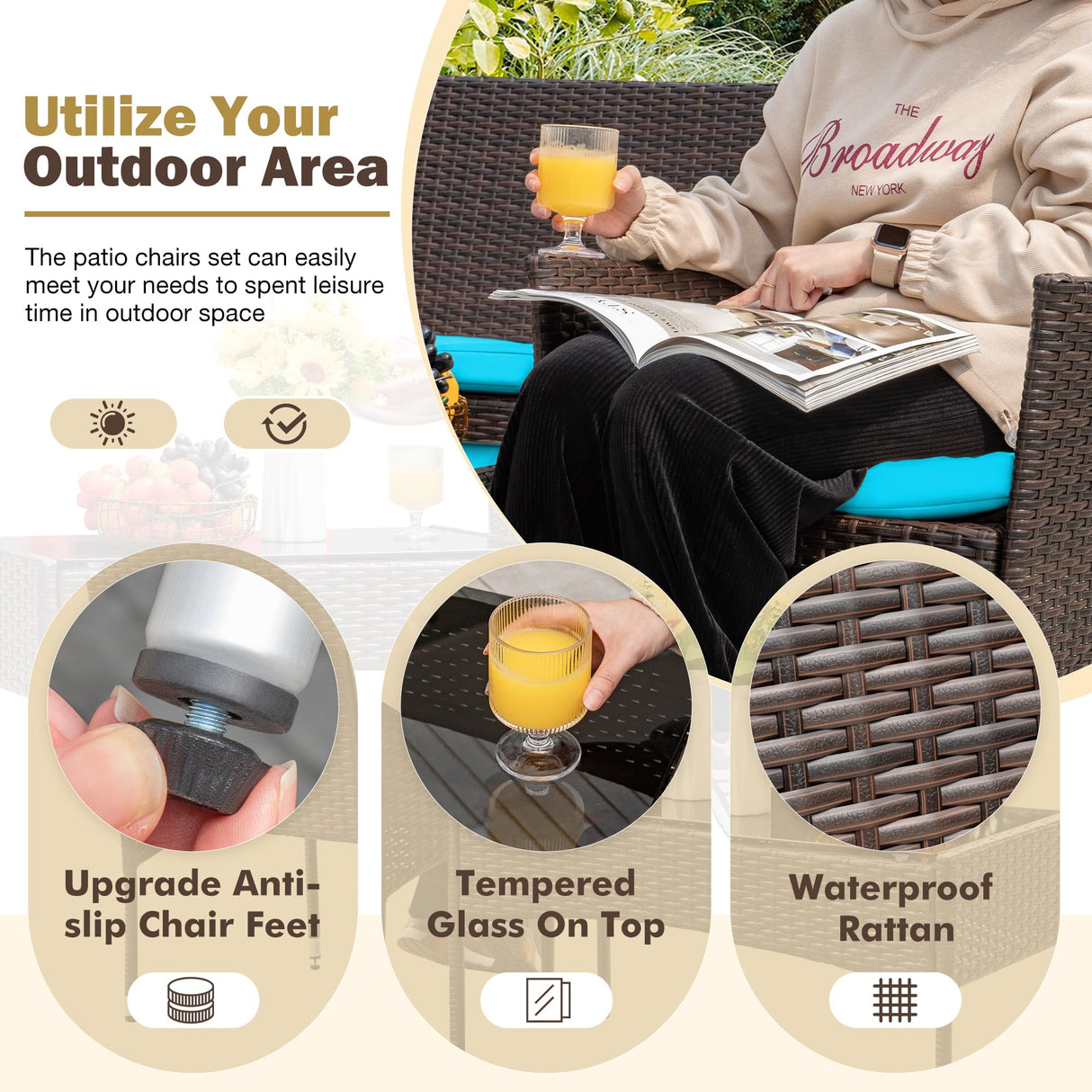 Homall 4 Pieces Patio Rattan Chair Wicker, Outdoor Indoor Use Backyard Porch Garden Poolside Balcony Furniture Sets (Blue) Homall