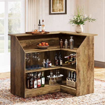 Tribesigns Bar Cabinet, L-Shaped Home Bar Table with Stemware Racks, 4-Tier Corner Bar Unit Liquor Wine Bar Table Reception Desk for Home Pub, Brown