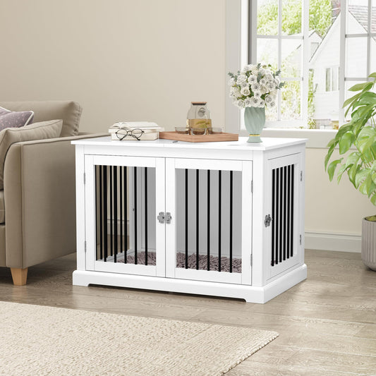 PUPETPO Furniture Style Dog Crate with Cushion, Dog Kennel Medium, Dog Crates, Dog Cage for Small and Medium Dogs, Decorative Dog Kennel with Flip-top Plate, Chew-Proof Metal Bars, White - WoodArtSupply