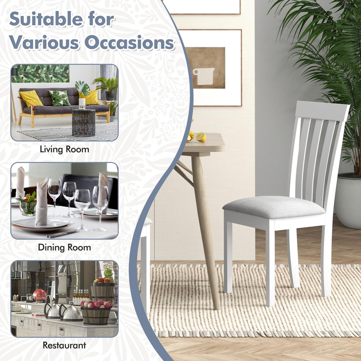 Giantex Wood Dining Chair Set of 2, Upholstered Wooden Kitchen Chairs with Padded Seat & Rubber Wood Frame, Mid Century Dining Side Chairs for Kitchen, Dining Room, Restaurant, White Giantex