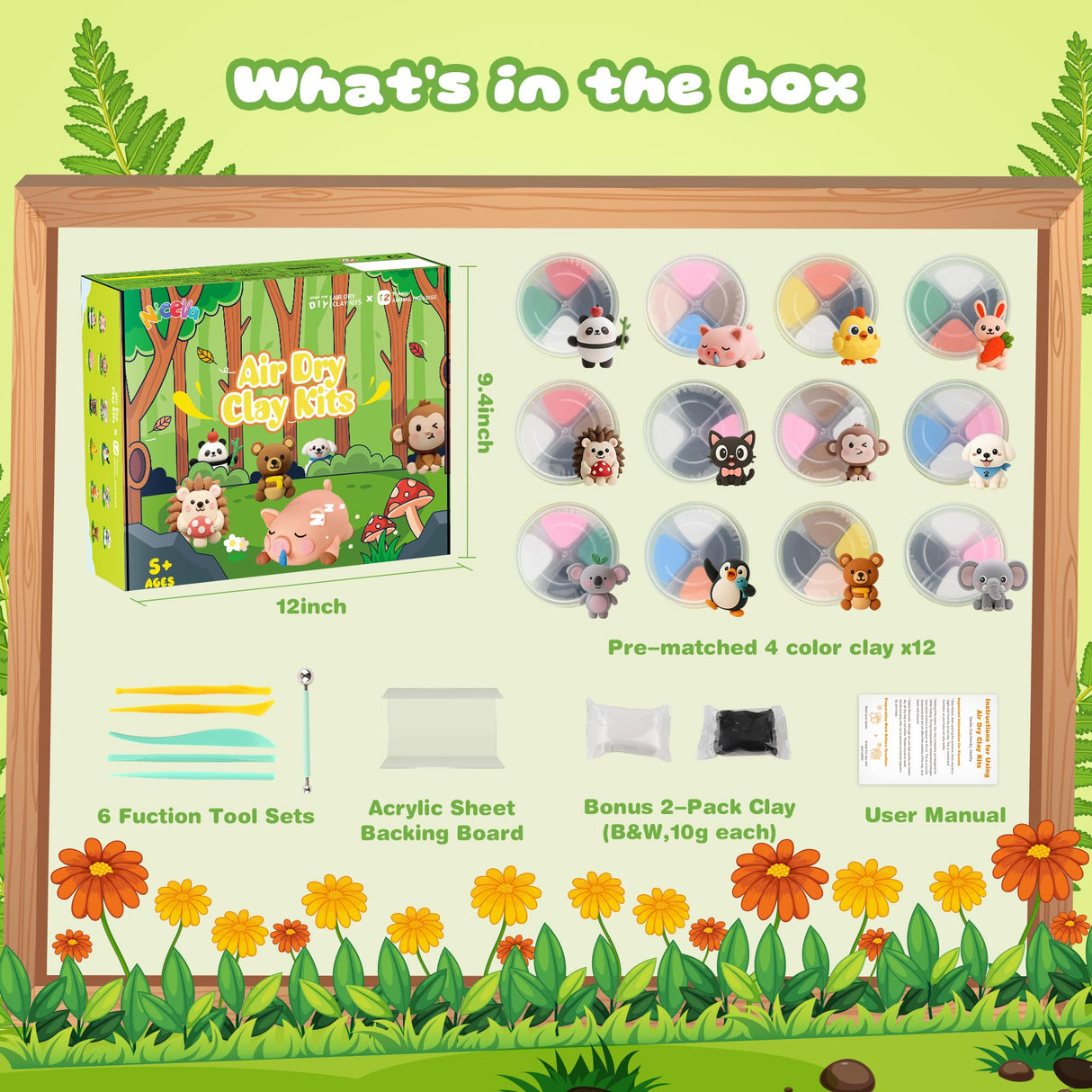 Air Dry Clay Kit, 12 Animals Modeling Clay for Kids, Model Magic Clay with Sculpting Tools and Tutorials, Safe & Non-Toxic, DIY Arts & Crafts School Projects, Home Party Favors for Boys & Girls Nicella