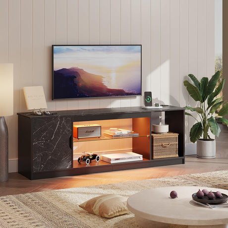 Bestier LED TV Stand with Power Outlets for 55/60/65 Inch TV, Gaming Entertainment Center with Cabinet for PS5, Modern TV Cabinet with Adjustable Glass Shelves for Living Room 58 Inch,Black Marble Bestier