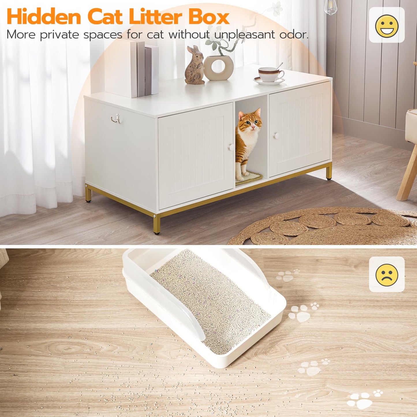 HOOBRO 44" Cat Litter Box Enclosure for 2 Cats, Double Cat Litter Box Furniture Hidden, TV Stand Litter Box Enclosure with Cat Scratching Mat, Cat House, Cat Washroom Cabinet, White, Gold DW2 - WoodArtSupply