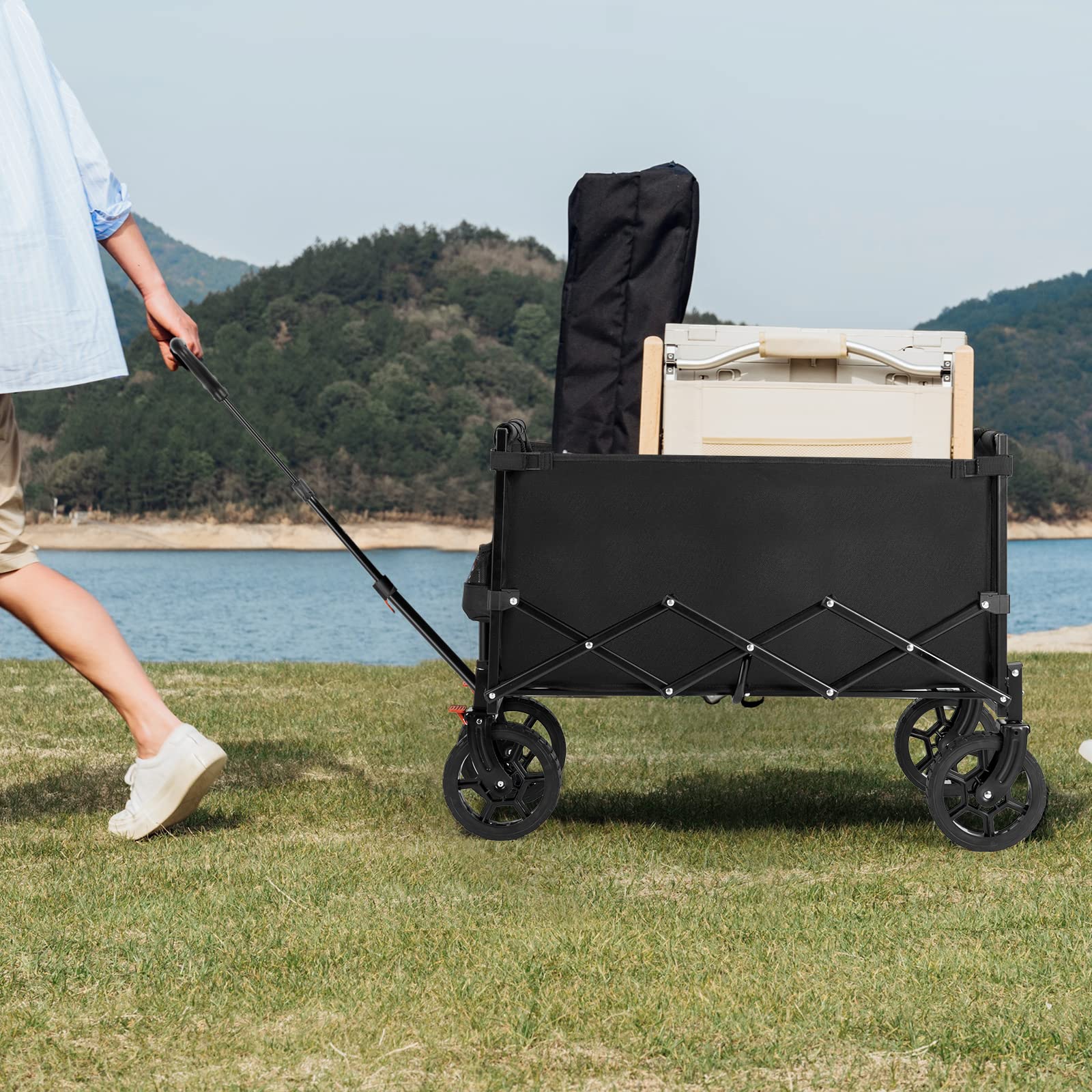 Navatiee Wagon Cart Heavy Duty Foldable, Collapsible Wagon with Smallest Folding Design, Utility Grocery Wagon for Camping Shopping Sports - WoodArtSupply