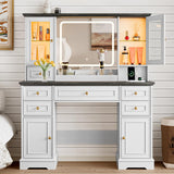 Vanity Desk with HD Lighted Mirror & Power Outlet, Farmhouse Makeup Vanity Table Set with Storage Drawers & RGB Cabinets, Large Dressing Table with 3 Lighting Modes for Women Girls Kids Bedroom, White Xixini