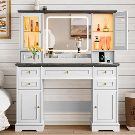 Vanity Desk with HD Lighted Mirror & Power Outlet, Farmhouse Makeup Vanity Table Set with Storage Drawers & RGB Cabinets, Large Dressing Table with 3 Lighting Modes for Women Girls Kids Bedroom, White Xixini