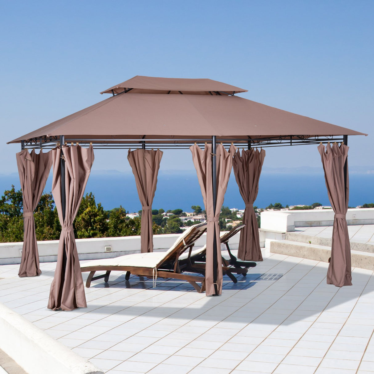 Outsunny 10' x 13' Patio Gazebo, Outdoor Gazebo Canopy Shelter with Curtains, Vented Roof, Steel Frame for Garden, Lawn, Backyard and Deck, Khaki Outsunny
