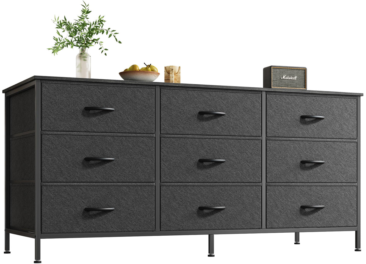 Huuger 9 Drawer Dresser, 47 Inch Dresser TV Stand for 50, 55 Inch TV, Entertainment Center with Drawers, Fabric Dresser Chest of Drawer for Bedroom, Closet, Black Huuger