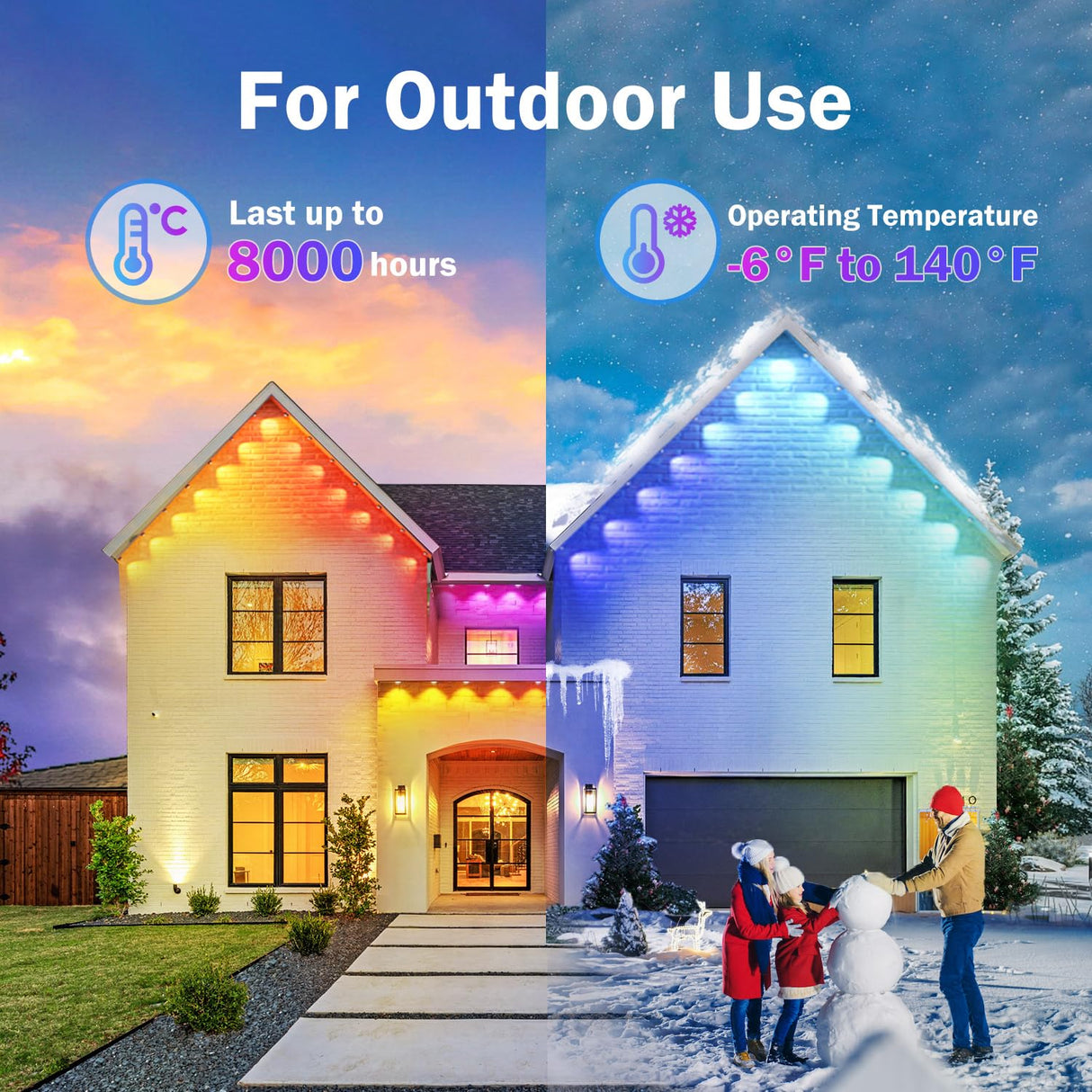 Heromind 100ft Smart RGB Outdoor Lights with 60 LED, 8000 Hour Long Life, Waterproof, Permanent Christmas Lights for Daily Decorative Lighting and Holiday Parties Heromind