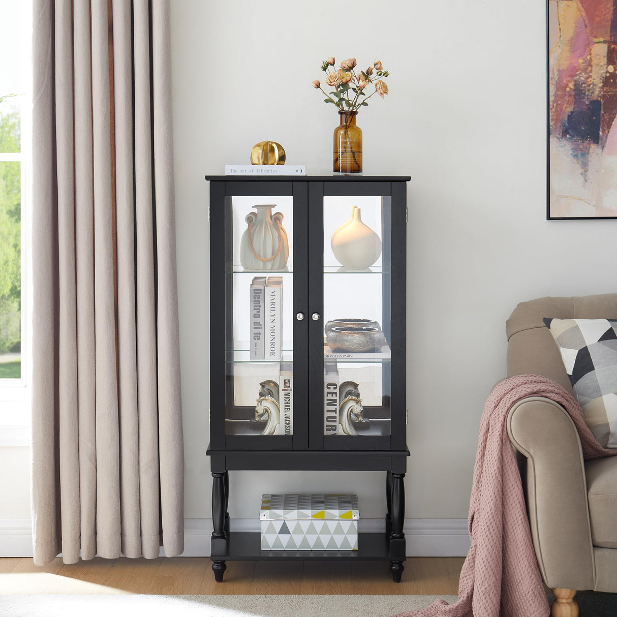 Star20XX Curio Cabinet Lighted, Curio Diapaly Cabinet with 3 Tier Open Storage Space, Solid Wood Legs and Adjustable Shelves, Acrylic Mirrored Back Panel, Tempered Glass Doors (Black) Star20XX