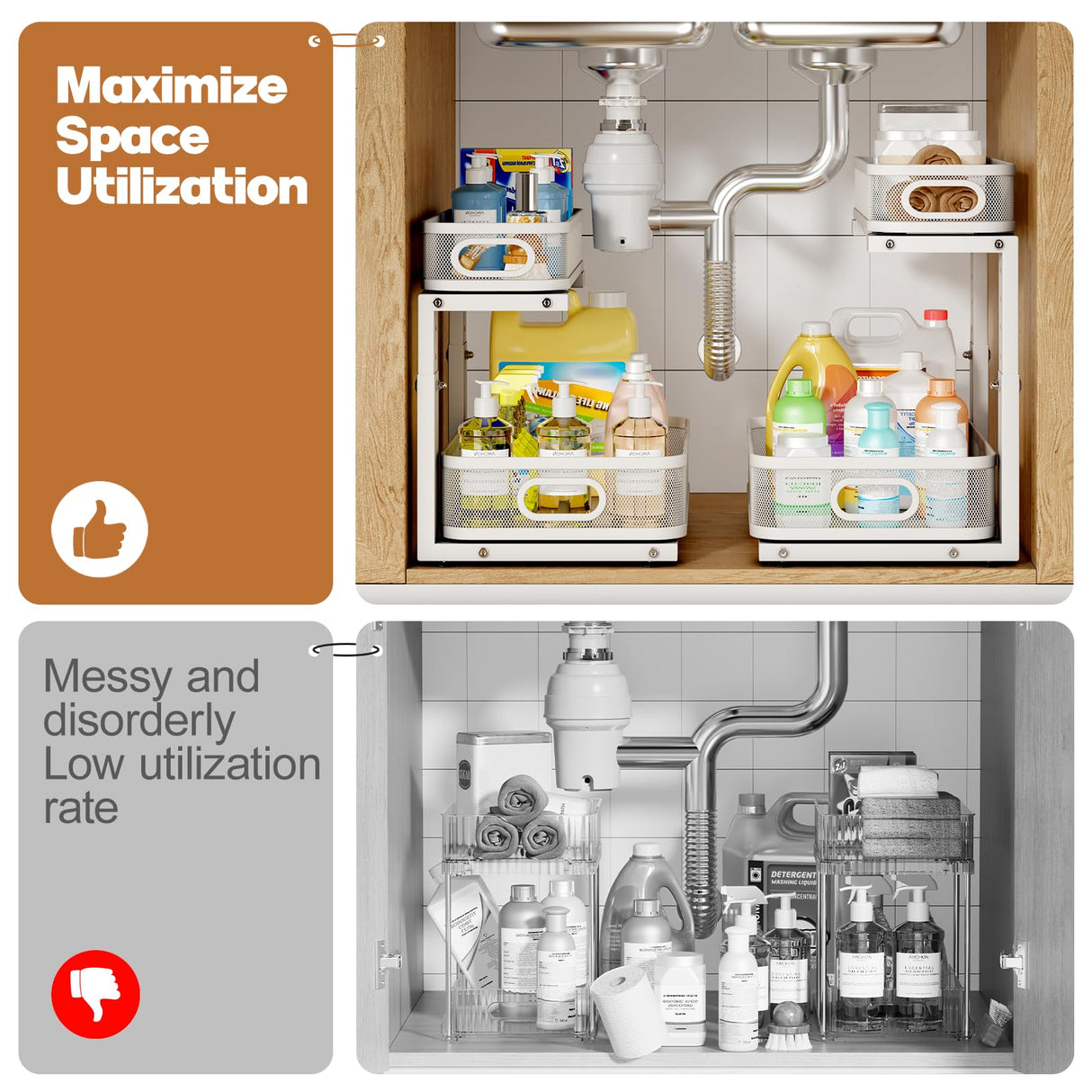 Biboraya 2 Pack Under Sink Organizer With Smooth Cylindrical Rail,2-Tier Pull Out Multi-Purpose Cabinet Storage for Bathroom&Kitchen,Height Adjustable,Rust-resistant Coating-White Biboraya