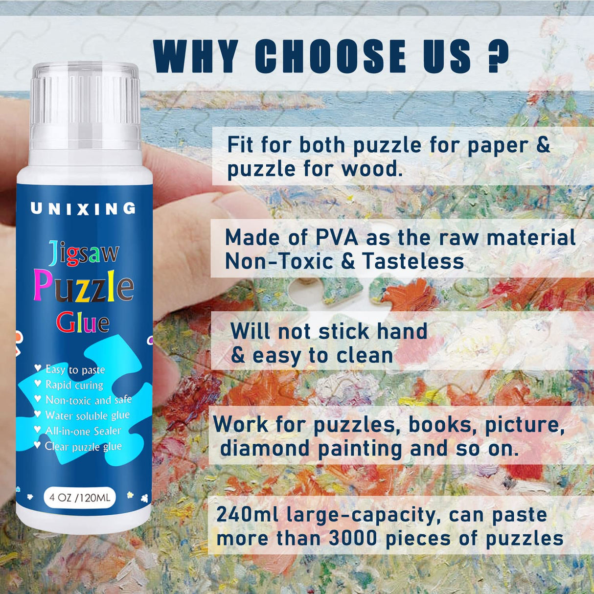 Jigsaw Puzzle Glue Clear With Sponge Head, Replace Puzzle Saver for 3000/3500/5000 Pieces, Suitable for Paper and Wood, Water-Soluble Craft Glue (2 Bottle X 120ML) Unixing