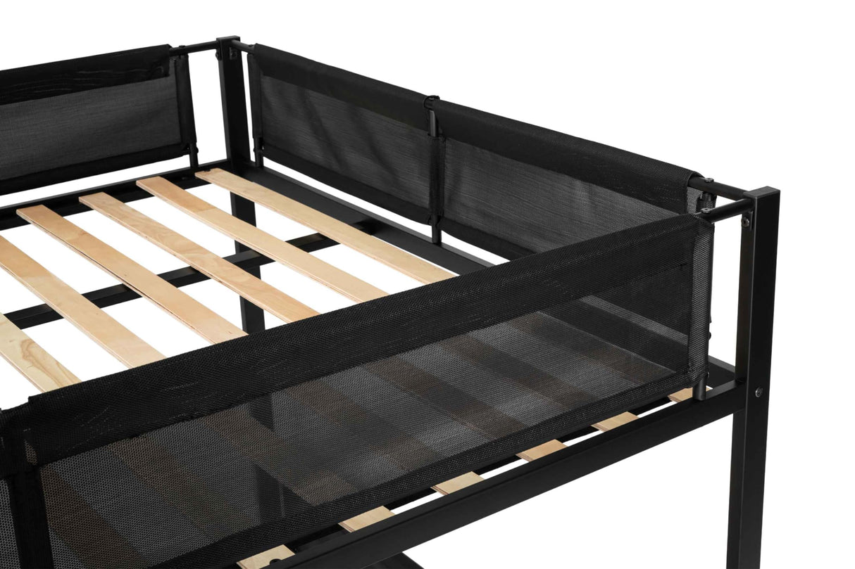 ATY Queen Over Queen Metal Bunk Bed with Two Storage Drawers, Sturdy Bedframe w/Wood Slat Support and Guardrails, Space Saving Design & No Box Spring Needed,Perfect for Dorm,Bedroom,Guest Room, Black ATY