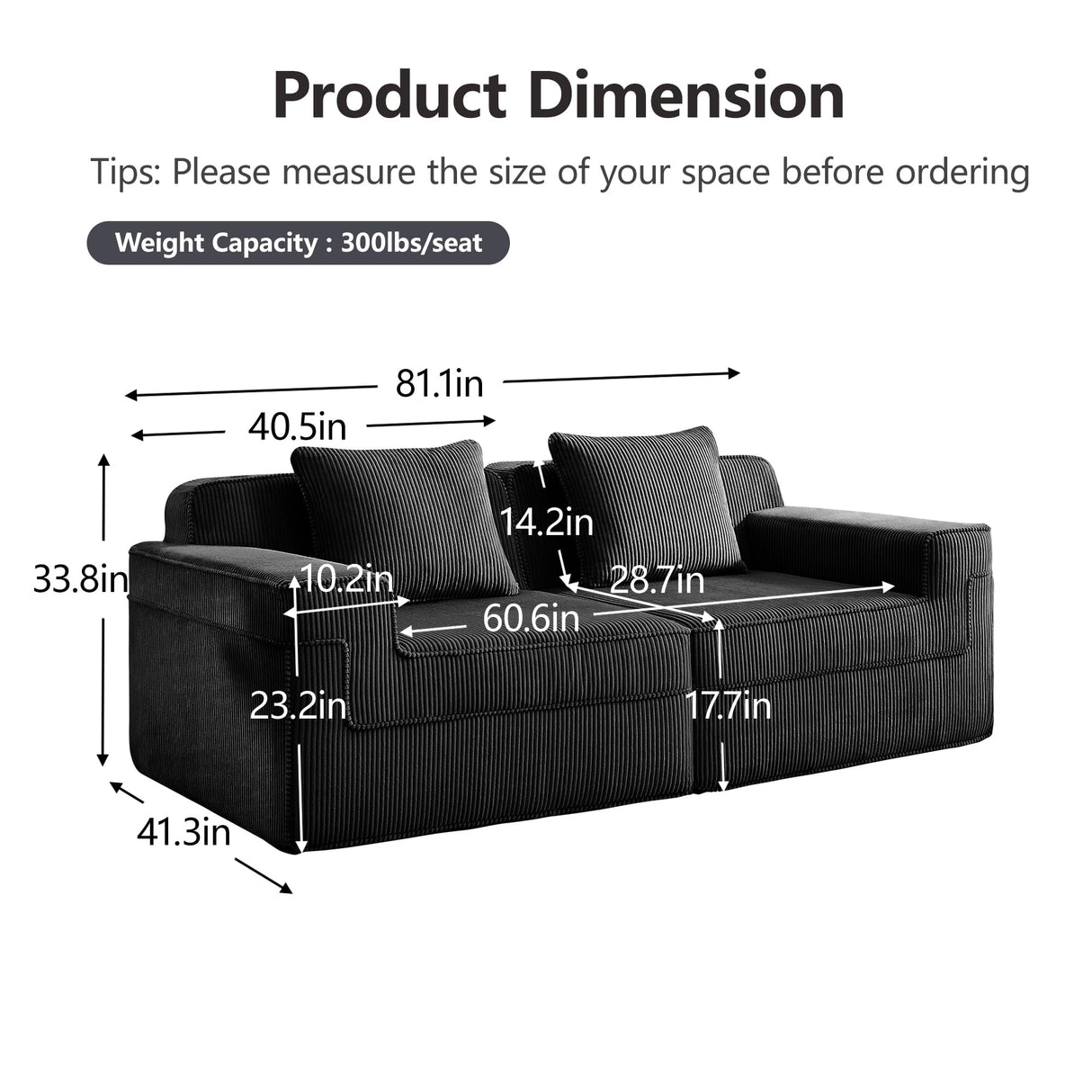 81.1" Modular Loveseat Sofa,Boneless Sectional Couch,Deep Seat Comfy Cloud Couch Sofa for Living Room Bedroom,No Assembly Required,Corduroy HUMEHA