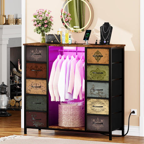 VASICAR 10 Drawers Dresser for Bedroom with Hanging Rack, Wood Top Chest of Drawers with Charging Station LED Lights, Colorful Clothes Organizer Storage Drawer Units for Closets, Nursery VASICAR