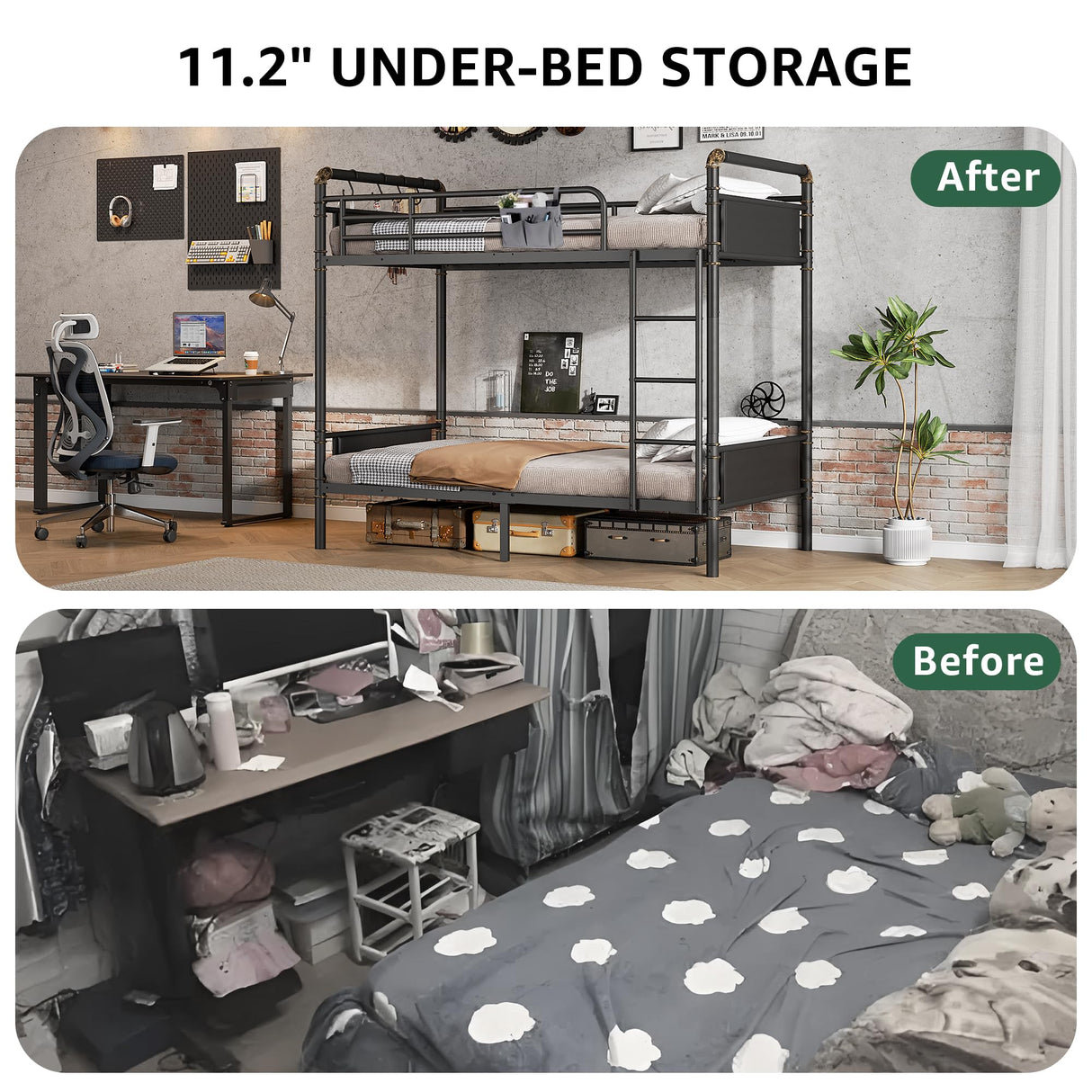 Jocoevol Metal Bunk Bed Twin Over Twin, Industrial Bunkbeds Heavy Duty Bed with Safety Guard Rails and Space-Saving Design, Steel Bed for School, Bedroom (Black Leather) Jocoevol