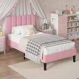 VECELO Twin Size Bed Frame with Upholstered Headboard, Velvet Platform Bedframe Mattress Foundation, Strong Wood Slat Support, No Box Spring Needed,Pink VECELO