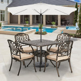 VINGLI 5-Piece Outdoor Patio Dining Set, Cast Aluminum All-Weather Outdoor Table and Chairs w/Cushion, Outdoor Furniture Set w/Umbrella Hole for Backyard Deck Poolside (Square, Elizabeth Back) VINGLI