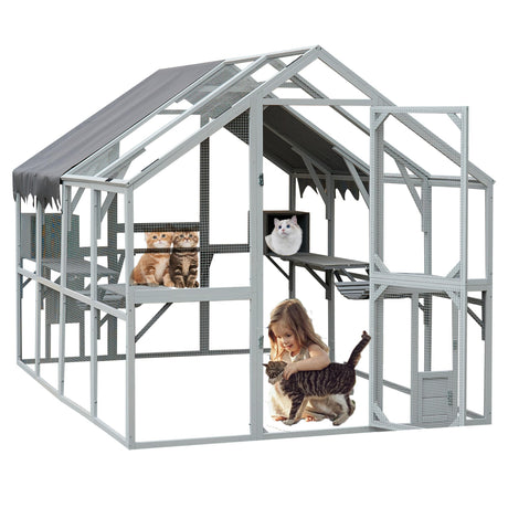 110'' Large Catio Outdoor Cat Enclosure,2 in 1 Cat Enclosure & Walk in Large Chicken Coop, Pet Cage Playpen with Weatherproof Roof, Multiple Platforms, Bouncy Bridges & Resting Houses White-1 BouPower