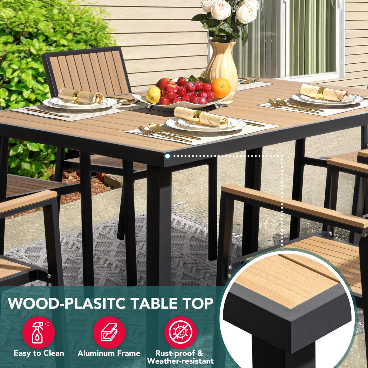 Pamapic 8-Piece Patio Dining Set，Outdoor Aluminum Furniture Set with Plastic-Wood Table Top,Outdoor Furniture Set with 6 Outdoor Stackable Chairs for Patio Garden Poolside (Teak) Pamapic