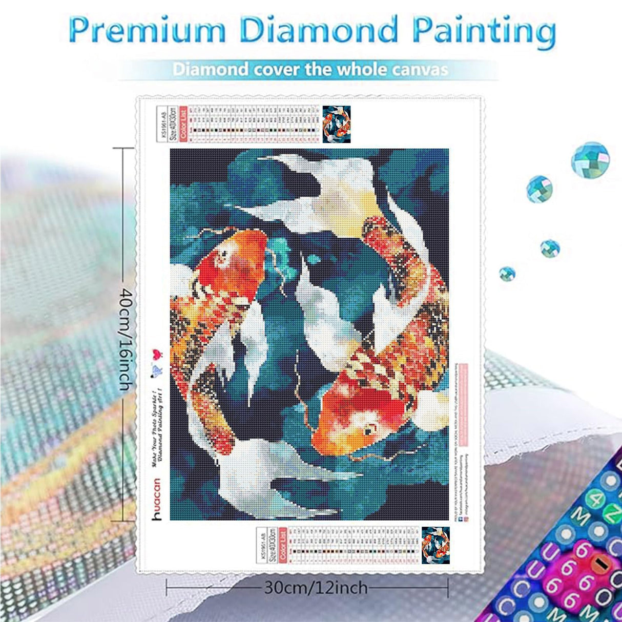 Huacan Diamond Painting Kit AB Diamond Art Kits for Adults 5D Koi Carp Fish Paint by Diamond DIY Full Round Drill Gem Art Kit Home Office Decor Gift 12x16 Inch Huacan