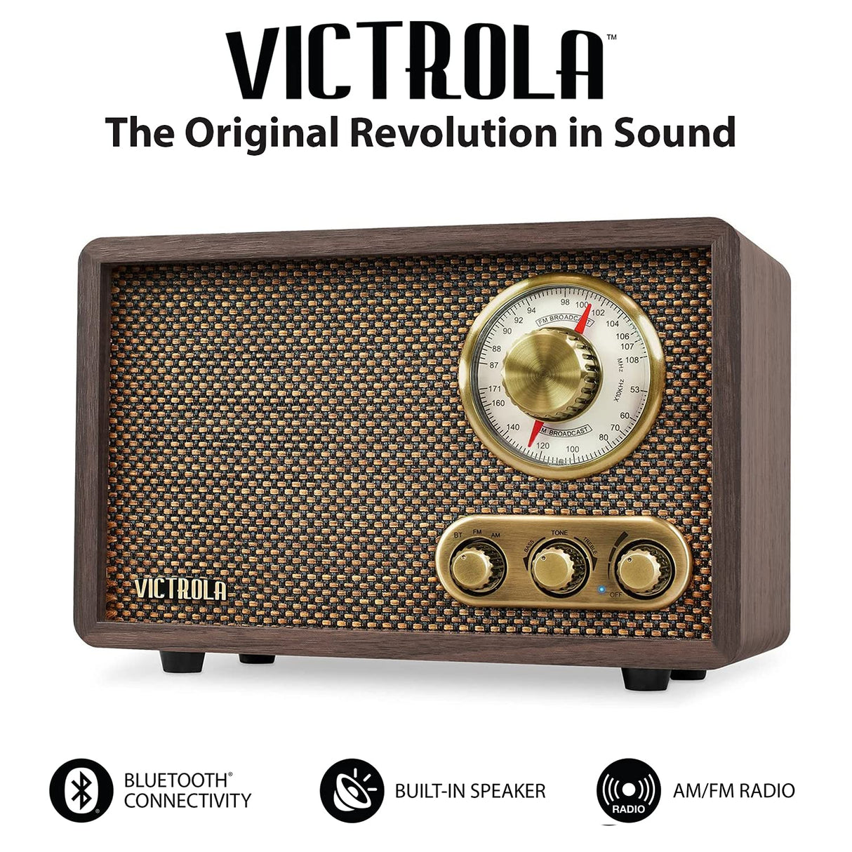 Victrola Retro Wood Bluetooth Radio with Built-in Speakers, Elegant & Vintage Design, Rotary AM/FM Tuning Dial, Wireless Streaming, Espresso Victrola