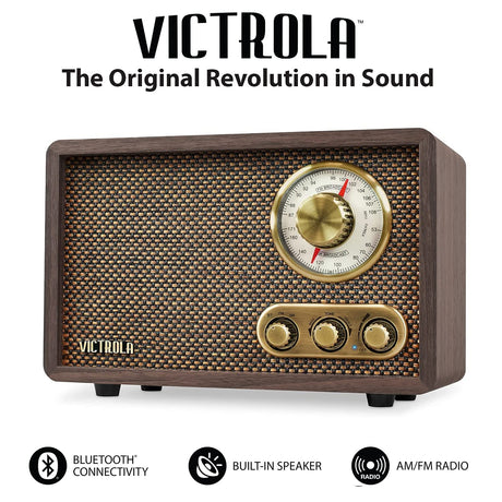 Victrola Retro Wood Bluetooth Radio with Built-in Speakers, Elegant & Vintage Design, Rotary AM/FM Tuning Dial, Wireless Streaming, Espresso Victrola