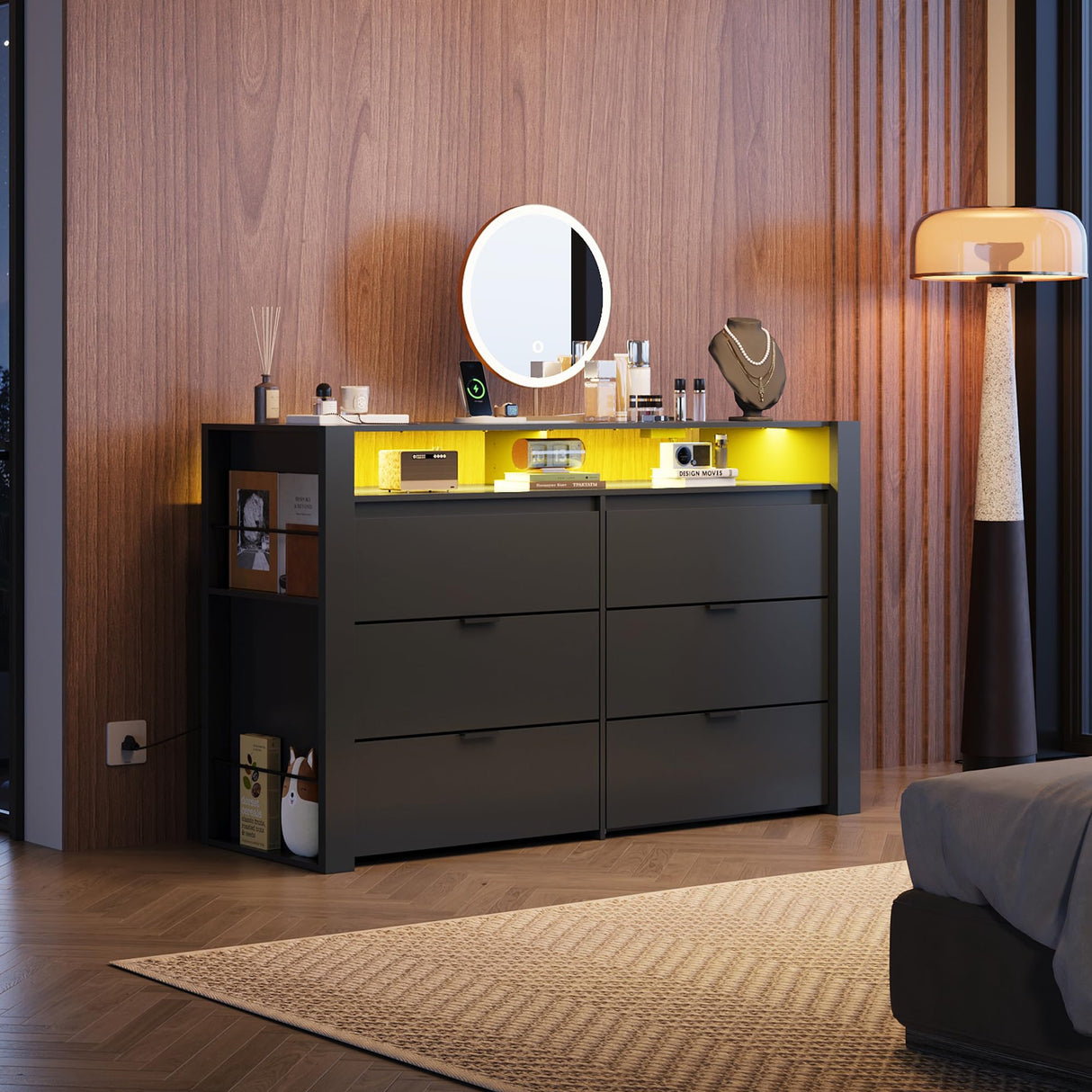 WLIVE 6 Drawer Led Dresser for Bedroom, 50.79'' Black Wood Dresser Storage Organizer with Power Outlets for 55'' TV, Dressers with Open Shelves, Hanging Rack, Chest of Drawers for Closet, Living Room WLIVE