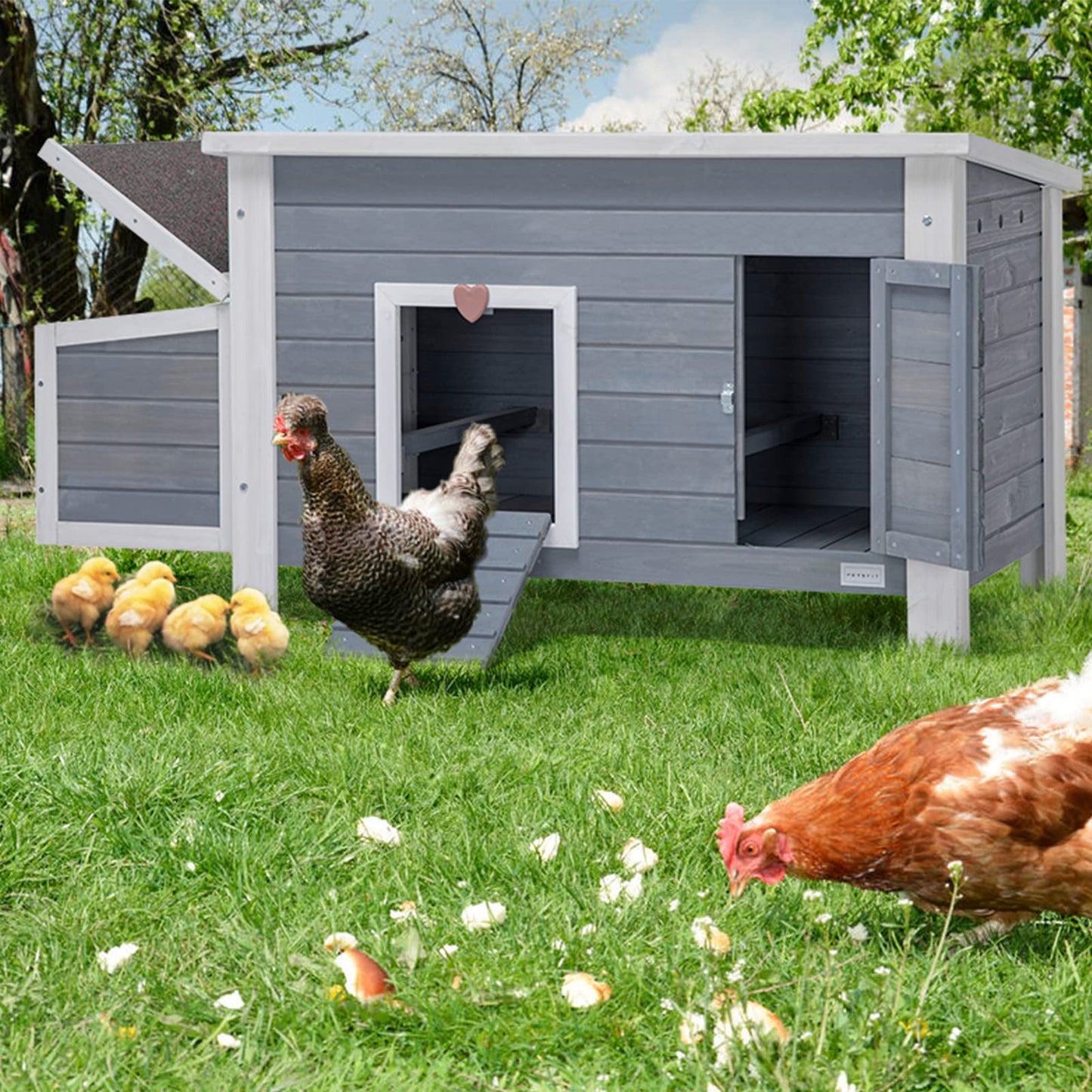 Petsfit Large Chicken Coop with Upgraded Perches, Wooden Outdoor Chicken Cage with Large Nesting Box, Weatherproof Open Asphalt Roof &Removable Bottom, Duck House, Rabbit Hutch - WoodArtSupply