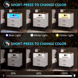 LVSOMT White Nightstand with Charging Station and LED Lights, Modern Bedside Table Smart Night Stand, End Side Table with 2 Drawers, Open Storage Shelf, USB Port for Bedroom LVSOMT