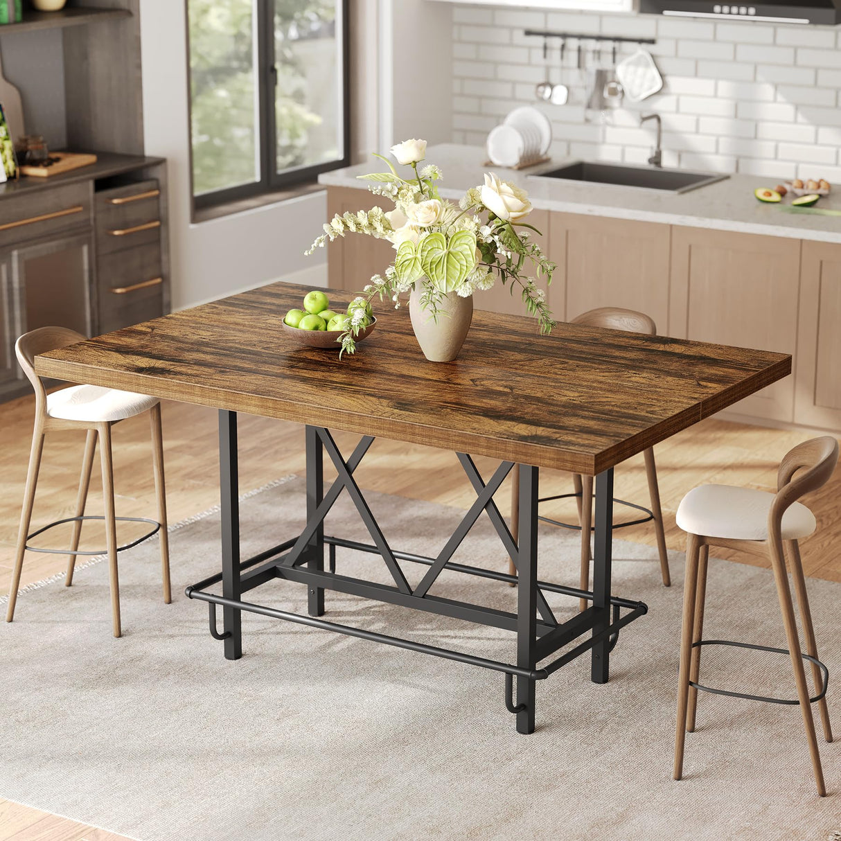 LITTLE TREE 63-Inch Industrial Bar Table with Metal Footrest, Counter Height Pub Table for Kitchen, Home Bar & Entertaining (Brown) LITTLE TREE