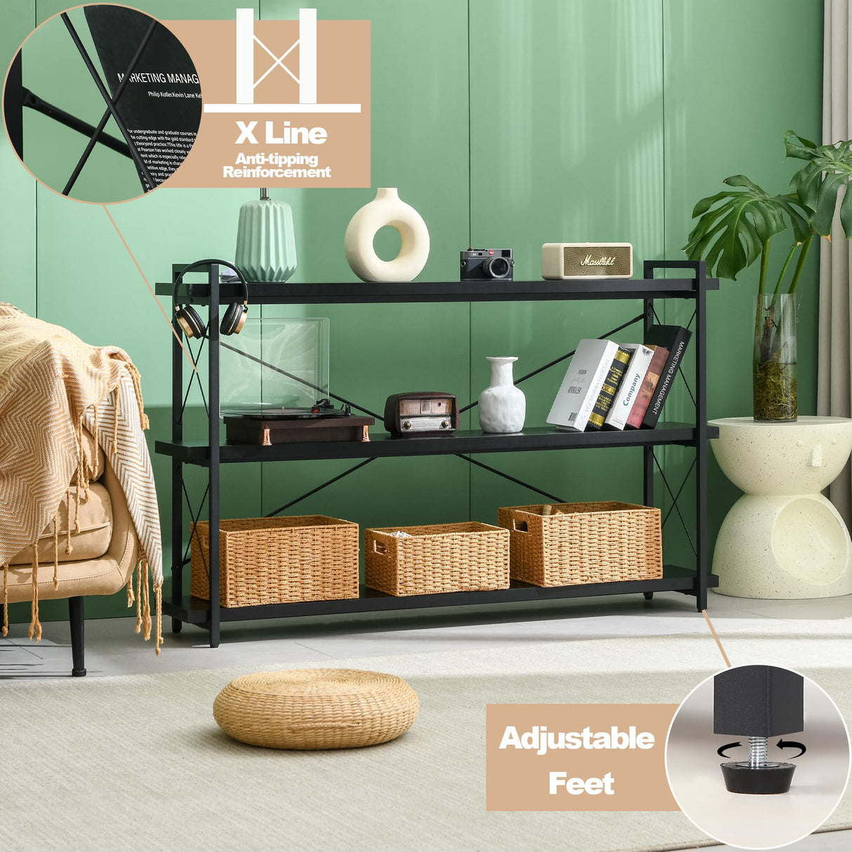 HCHQHS Bookshelf, 3-Tier Long Industrial Bookcase, Black Open Book Shelf, Freestanding Horizontal Bookshelves with Metal Frame HCHQHS