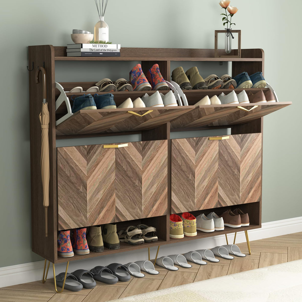 Vibe & Dine 4 Flip Drawer Shoe Cabinet, Mid Century Modern Shoe Organizer with Bottom Cubby, Hidden Shoe Cabinet with 2 Hooks, Freestanding Narrow Slim Shoe Rack Cabinet for Entryway, Foyer, Hallway Vibe & Dine