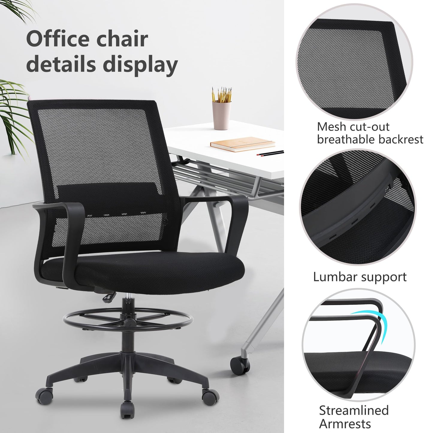 PayLessHere Drafting Chair Computer Standing Desk Chair Tall Office Chair with Lumbar Support Adjustable Foot Ring for Mesh Ergonomic Mid-Back Desk Chair (Black)