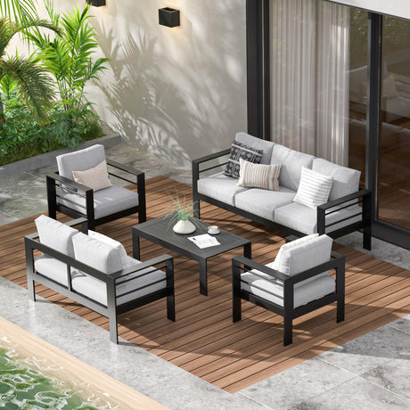 Wisteria Lane Aluminum Patio Furniture Set, 7 Seats Outdoor Conversation Set, Sectional Metal Sofa with 5 Inch Cushion and Coffee Table for Balcony, Backyard, Garden, Black Frame and Grey Cushion Wisteria Lane