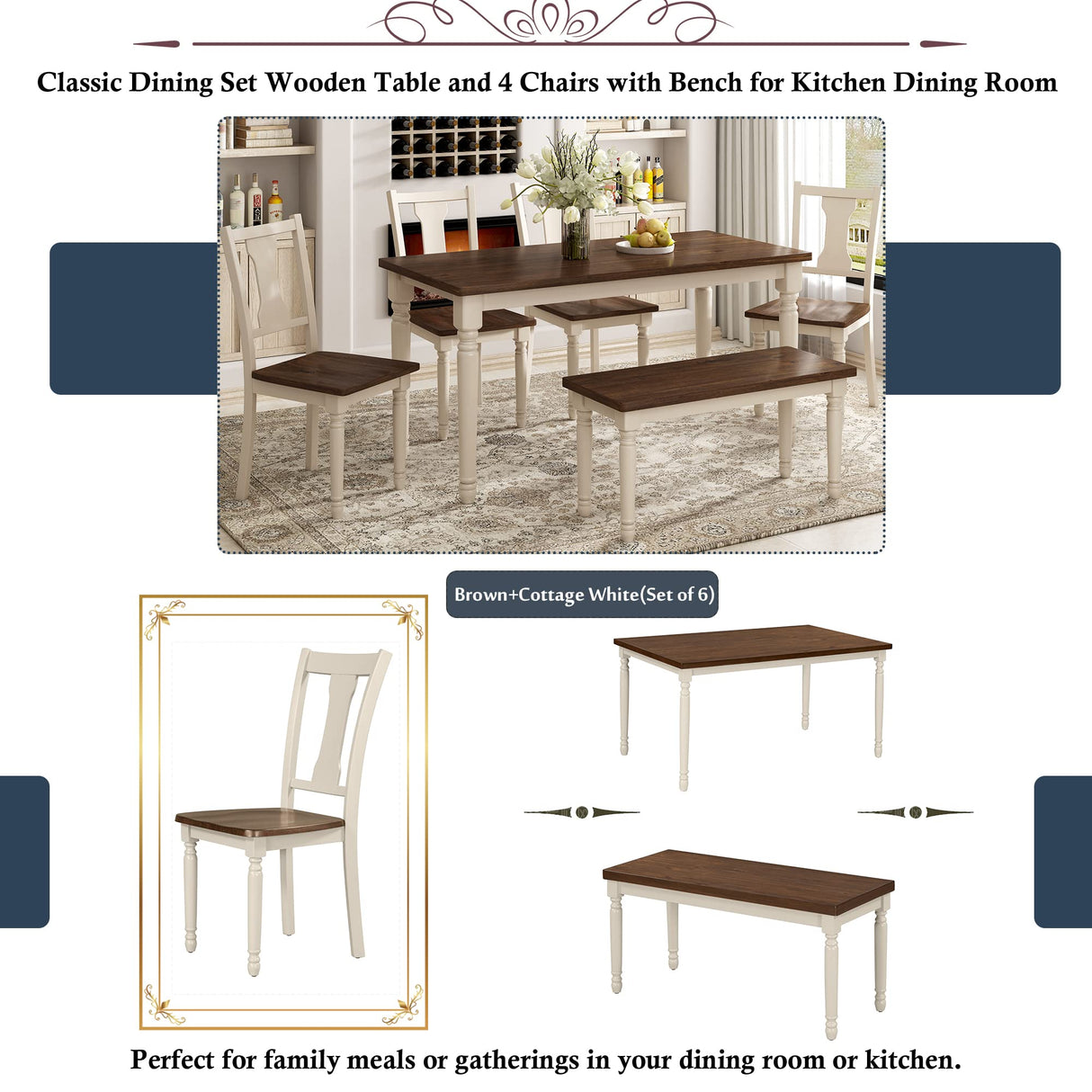 Merax 6 Pieces Dining Table Set with Bench, Kitchen Table Chairs Set, Wooden Rectangular Dining Table with 4 Chairs and Bench for Kitchen Room Dining Room (Brown+Cottage White) Merax