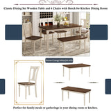 LUMISOL Farmhouse Style 6 Piece Dining Table Set with Bench Includes 60" Rectangular Kitchen Table, 4 Chairs & Bench, Brown+Cottage White LUMISOL