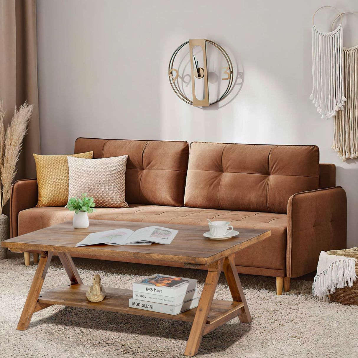 iVilla Farmhouse Coffee Table for Living Room, 2-Tier Solid Wood Coffee Table, Rustic Rectangular Coffee Table with Storage Open Shelf, Natural iVilla