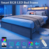 Lifezone Queen Bed Frame with 2-Tier Storage Headboard, Metal Bed Frame with Storage Drawers & Built-in Charging Station & LED, Noise-Free, No Box Spring Needed, Easy Assembly, Rustic Grey Lifezone