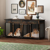 DAWNSPACES Dog Crate Furniture for Large Medium Dogs, 72" Heavy Duty Indoor Wooden Double Rooms Dog Kennel Table with Drawers & Divider, Funiture Style Dog Cage House TV Stand, Rustic Brown DAWNSPACES