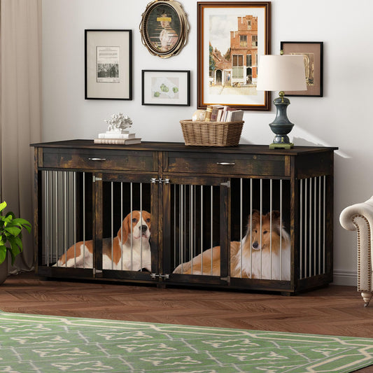 DAWNSPACES Dog Crate Furniture for Large Medium Dogs, 72" Heavy Duty Indoor Wooden Double Rooms Dog Kennel Table with Drawers & Divider, Funiture Style Dog Cage House TV Stand, Rustic Brown