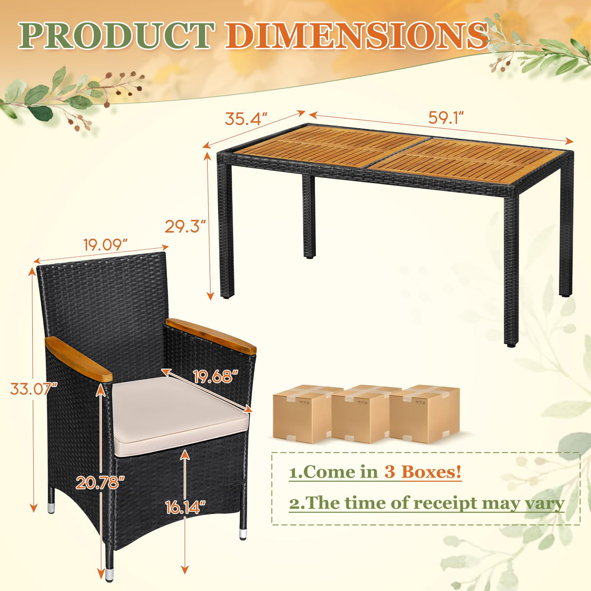 Greesum 7 Pieces Outdoor Patio Dining Set, Conversation Sets with 1 Table and 6 Rattan Chairs with Curved Acacia Wooden Armrests and Cushions, Black Greesum