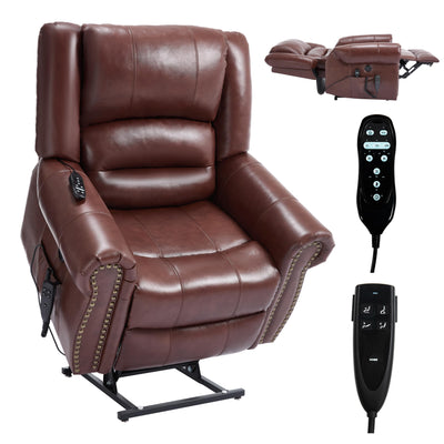 Dual Motor Power Lift Chair, Lay Flat Recliner Chair, Electric Recliner with Massage and Heat for Elderly, Remote Control, Infinite Position, Standing Assistance, USB Ports (Red, Genuine Leather)